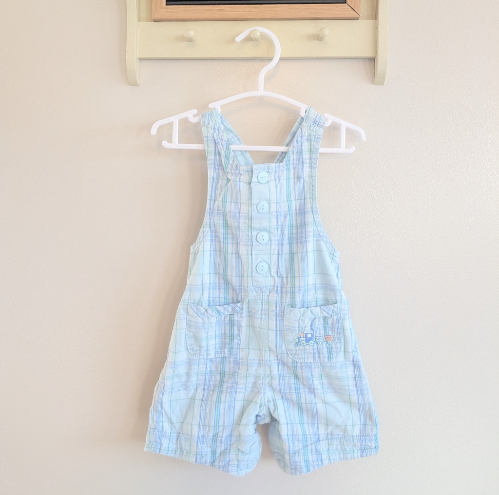 Blue Plaid Kids Overalls With Embroidered Train